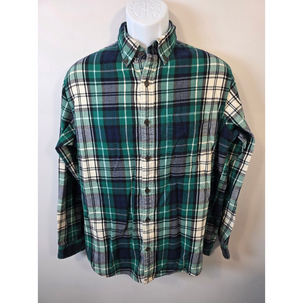 Lands' End Mens Flannel Shirt Medium 15-15.5 Green Navy Plaid Traditional Fit